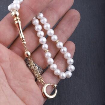 14 Ayar Altın Ay Yıldız Püsküllü Doğal İnci Tesbih - Osmanlı Pazar