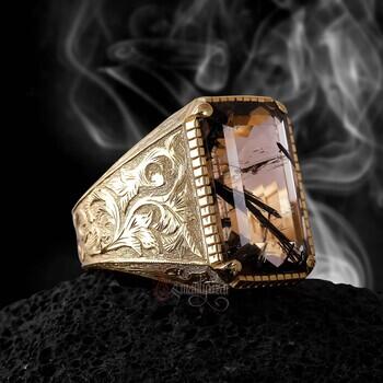 14 Ayar Altın Doğal Rutil Kuvars Taşı El Yapımı Kalem İşçiliği Yüzük - Osmanlı Pazar