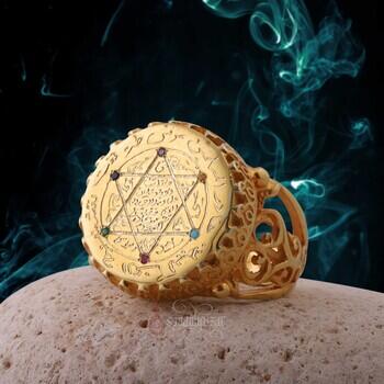 14 Ayar Altın Hz. Süleyman Mührü Renkli Taşlı Özel Yapım Yüzük - Osmanlı Pazar