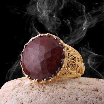 14 Ayar Altın Kaplama 925 Ayar Gümüş El İşçiliği Yakut Yüzük - Osmanlı Pazar