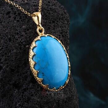 14 Ayar Altın Kaplama Gümüş Firuze Doğal Taşlı Tırnaklı El İşçiliği Kolye - Osmanlı Pazar