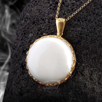 14 k Altın Kaplama Doğal Sedef Taşı Yuvarlak Model Kolye - Osmanlı Pazar