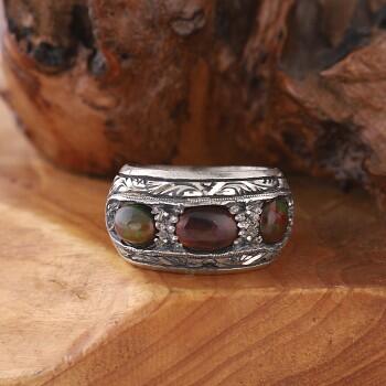 3 Taşlı Opal 925 Ayar Gümüş Erkek Alyans - Osmanlı Pazar