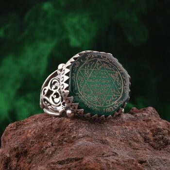 8 Köşeli Yeşil Akik Taşı Mührü Süleyman Gümüş Yüzük - Osmanlı Pazar