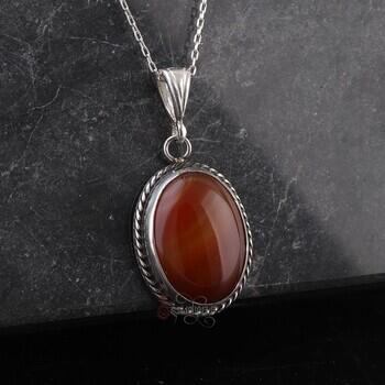 925 Ayar Gümüş Çizgili Akik Taşı Minimal Kolye - Osmanlı Pazar