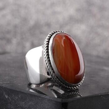 925 Ayar Gümüş Çizgili Akik Taşı Yüzük - Osmanlı Pazar