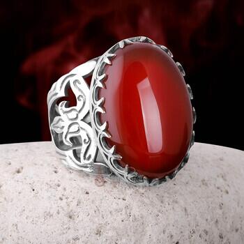 925 Ayar Gümüş Doğal Kızıl Akik Taşı Yüzük - Osmanlı Pazar
