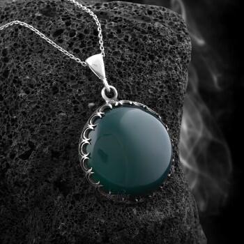 925 Ayar Gümüş Doğal Yeşil Akik Bay- Bayan Kolye - Osmanlı Pazar