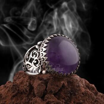 925 Ayar Gümüş El İşçiliği Doğal Ametist Taşı Yüzük - Osmanlı Pazar