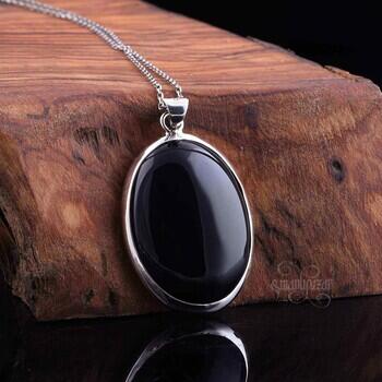 925 Ayar Gümüş El İşçiliği Oval Model Siyah Onix Kolye - Osmanlı Pazar