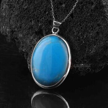 925 Ayar Gümüş El İşçiliği Oval Model Turkuaz Taşı Kolye - Osmanlı Pazar