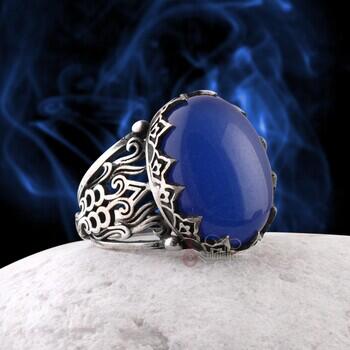 925 Ayar Gümüş Kasa Mavi Akik Taşlı Yüzük - Osmanlı Pazar