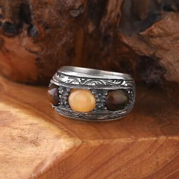 925 Ayar Gümüş Opal Üç Taşlı Erkek Alyans - Osmanlı Pazar