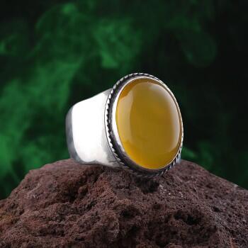 925 Ayar Gümüş Sarı Akik Doğal Taşlı Erkek Yüzük - Osmanlı Pazar