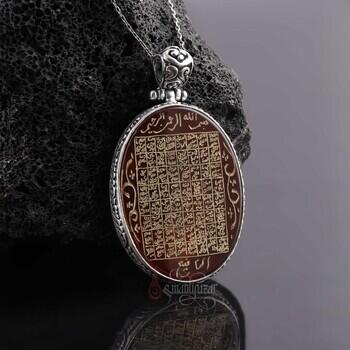 Akik Taşı Ayetel Kürsi Vefki 925 Ayar Gümüş Kolye - Osmanlı Pazar
