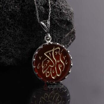 Akik Taşı El Yazması Allahu Ekber Yazılı 925 Ayar Gümüş Kolye - Osmanlı Pazar