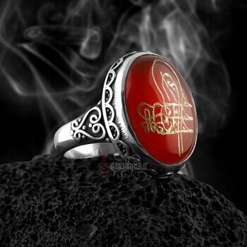 Akik Taşı Fatih Sultan Mehmet Tuğralı El Oyması Gümüş Yüzük - Osmanlı Pazar