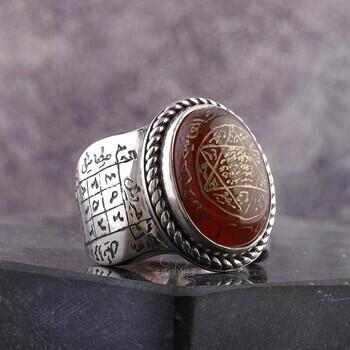 Akik Taşı Yanları Özel Vefkli Mührü Süleyman 925 Ayar Gümüş Yüzük - Osmanlı Pazar