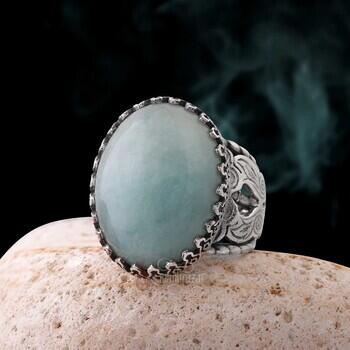 Akuamarin Doğal Taşlı 925 Ayar Gümüş Yaprak Desen İşçilikli Yüzük - Osmanlı Pazar