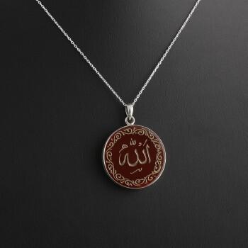 Allah Yazılı Akik Doğal Taşlı 925 Ayar Gümüş Kolye - Osmanlı Pazar
