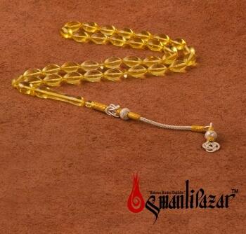 Altın Kamçılı Şeffaf Damla Kehribar 33'lü Selamet Şeker Tesbih - Osmanlı Pazar