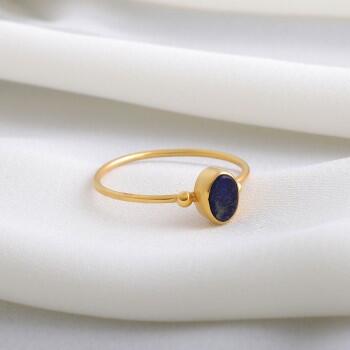 Altın Kaplama 925 Ayar Gümüş Minimal Doğal Lapis Lazuli Taşı Yüzük - Osmanlı Pazar