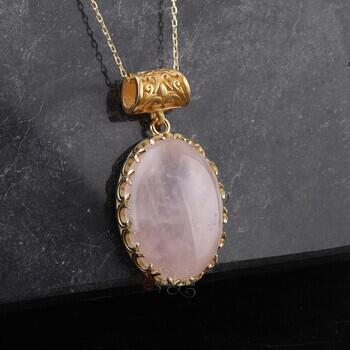 Altın Kaplama 925 Ayar Gümüş Pembe Kuvars Taşı Hilal Motifi Tırnaklı Kolye - Osmanlı Pazar