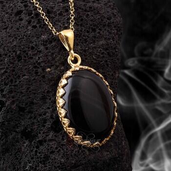 Altın Kaplama Doğal Siyah Akik Taşlı Oval Model Gümüş Kolye - Osmanlı Pazar