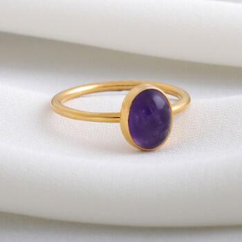 Altın Kaplama Gümüş Ametist Taşı Minimal Yüzük - Osmanlı Pazar