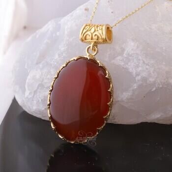 Altın Kaplama Orijinal Akik Taşı 925 Ayar Gümüş Tırnaklı Kolye - Osmanlı Pazar