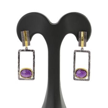 Ametist Doğal Taşlı 925 Ayar Gümüş Dikdörtgen Küpe - Osmanlı Pazar