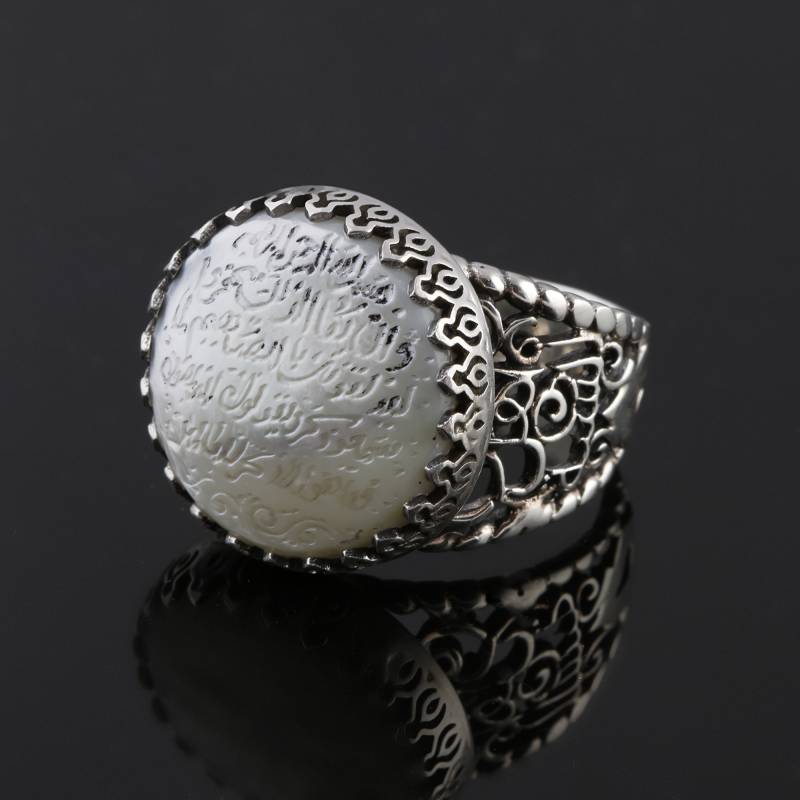 Arapça Nazar Ayeti Yazılı Sedef Doğal Taşlı 925 Ayar Gümüş Yüzük