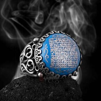 Arizona Firuze Taşı Elde Yazma Celcelutiye Yazılı 925 Ayar Gümüş Yüzük - Osmanlı Pazar