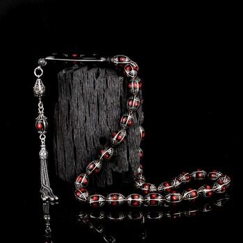 Arpa Kesim Erzurum Oltu Taşı 925 Ayar Gümüş Püsküllü Tesbih - Osmanlı Pazar