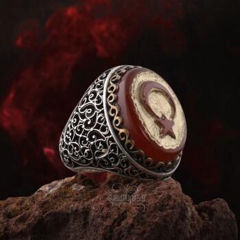 Ay Yıldız Gümüş Yüzük Yemen Akik Üzeri Elde Kazıma - Osmanlı Pazar