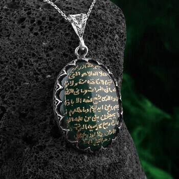 Ayetel Kürsi El Kazıma İşçiliği Yeşil Akik Taşı Gümüş Kolye - Osmanlı Pazar