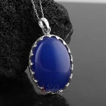 Bombeli Mavi Akik Taşı Doğal Taşlı 925 Ayar Gümüş Tırnaklı Model Kolye - Osmanlı Pazar