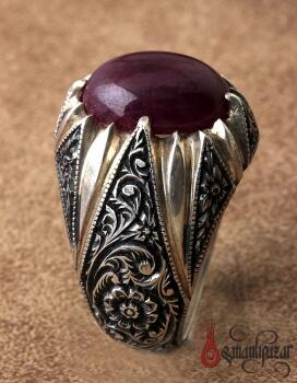 Burma Yakut Taşlı Özel Kalem işi Gümüş Yüzük Nurullah Daştan Usta - Osmanlı Pazar