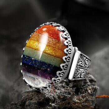 Çakra Doğal Taşlı Kalem İşi 925 Ayar Gümüş Yüzük - Osmanlı Pazar