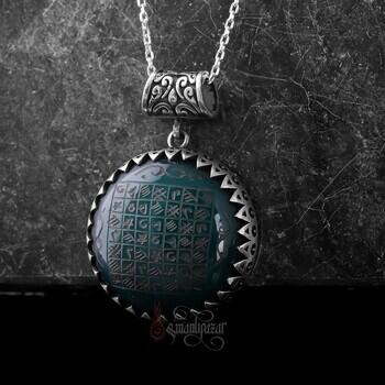 Celcelutiye Duası El Kazıması Yeşil Akik Taşı Gümüş Kolye - Osmanlı Pazar