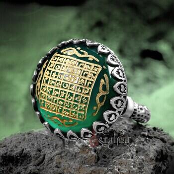 Celcelutiye Duası Yazılı Doğal Yeşil Akik Taşı Gümüş Yüzük - Osmanlı Pazar