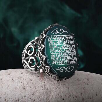 Celcelutiye Duası Yazılı Yeşil Akik Taşı 925 Ayar Gümüş Yüzük - Osmanlı Pazar