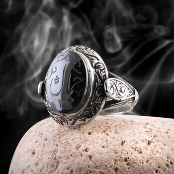 Cemal Yazılı Hematit Taşı Erzurum Kalem İşçiliği Gümüş Yüzük - Osmanlı Pazar