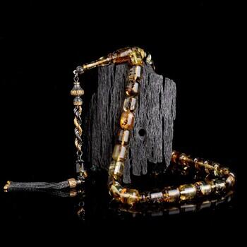 Çift Renk Gümüş Püsküllü Kapsül Kesim Fosilli Damla Kehribar Tesbih - Osmanlı Pazar