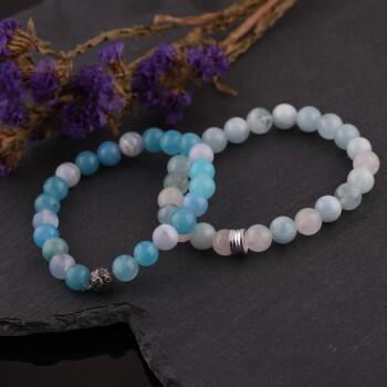 Çiftlere Özel Doğal Akuamarin, Mavi Akik, Pembe Kuvars Taşlı Kombin Bileklik - Osmanlı Pazar