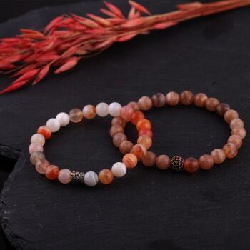 Çiftlere Özel Doğal Çizgili Akik ve Güneş Taşı Kombin Bileklik - Osmanlı Pazar