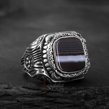 Çizgili Akik Taşı Retro Tasarım 925 Ayar Gümüş Yüzük - Osmanlı Pazar