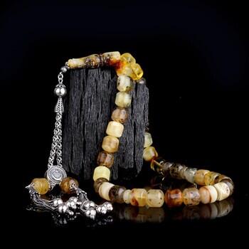 Çöp Fosilli Damla Kehribar 925 Ayar Gümüş Püsküllü Kapsül Kesim Tesbih - Osmanlı Pazar