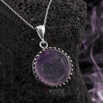 Damarlı Ametist Taşı 925 Ayar Gümüş Zikzak Motifli Yuvarlak Kesim Kolye - Osmanlı Pazar