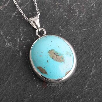 Damarlı Nişabur Firuze Doğal Taşlı 925 Ayar Gümüş Oval Kolye - Osmanlı Pazar